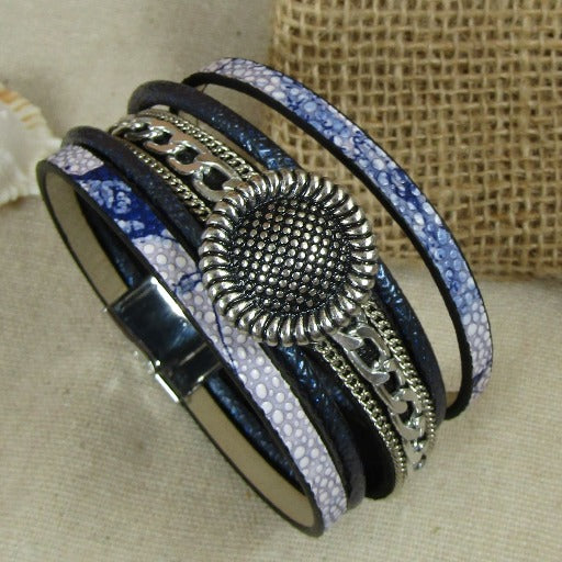 Blue & Silver Cuff Leather Bracelet - VP's Jewelry