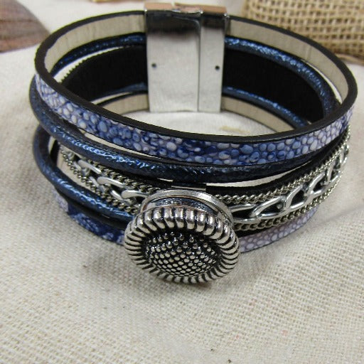 Blue & Silver Cuff Leather Bracelet - VP's Jewelry