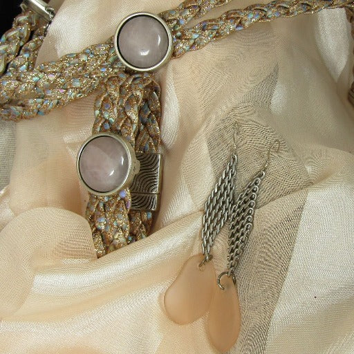 Beige Leather Ribbon Choker & Bracelet & Earrings Designer Set - VP's Jewelry