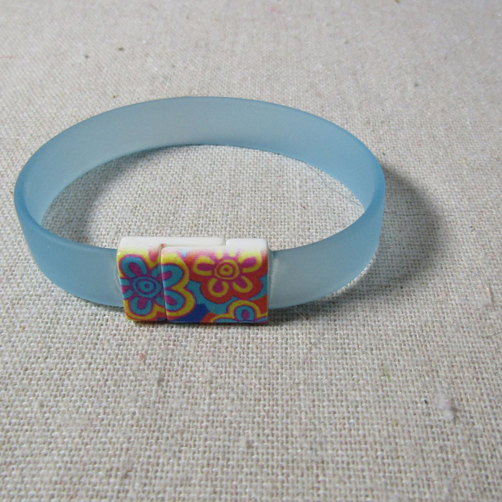 Blue Vinyl Bracelet with Cute Floral Clasp for a Child - VP's Jewelry