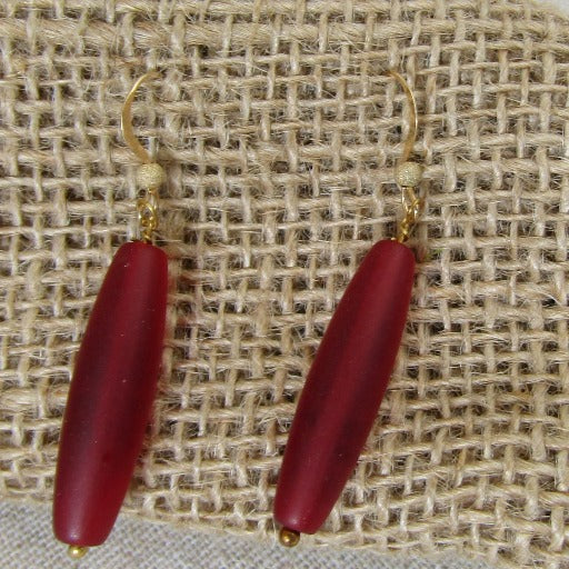Red Sea Glass Drop Earrings Gold