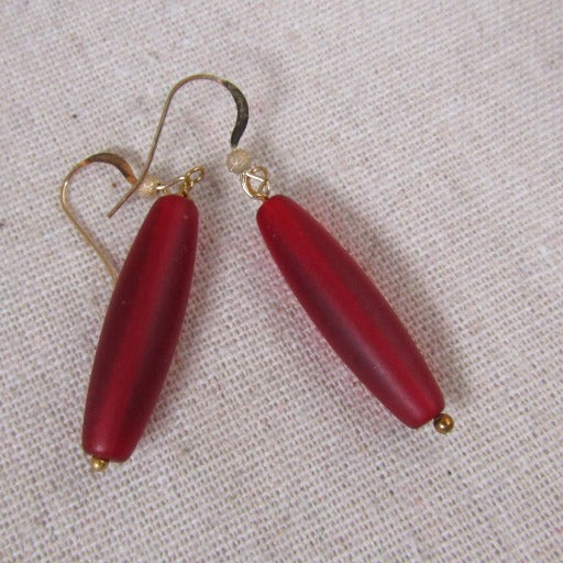 Red Sea Glass Drop Earrings Gold