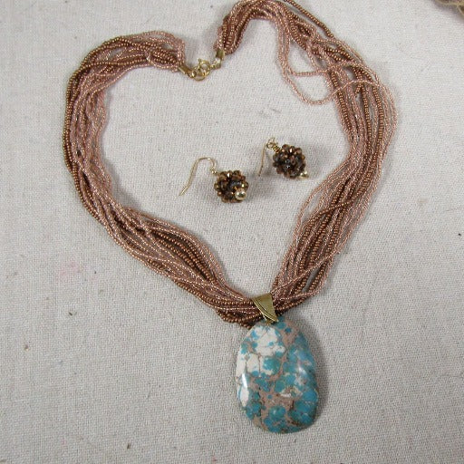 Jasper Multi-strand Pendant Necklace With Earrings - VP's Jewelry