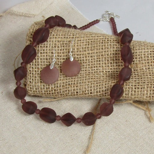 Amethyst Sea Glass Necklace & Earrings Jewelry Set - VP's Jewelry  