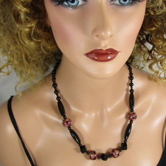 Onyx Necklace With Fair Trade Kazuri Bead Accents & Earrings - VP's Jewelry 
