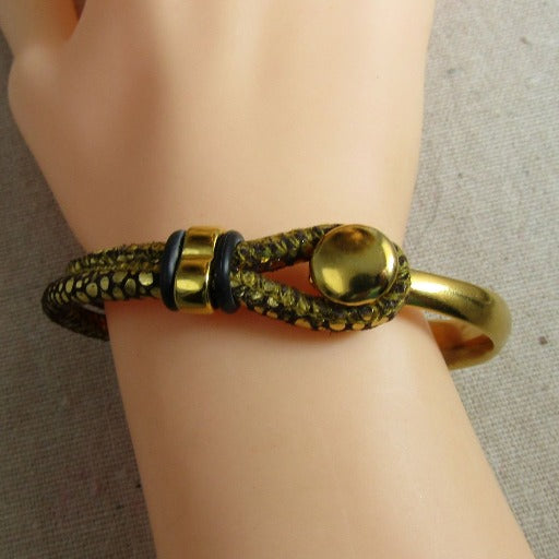 Black & Gold Leather Half Cuff Bracelet