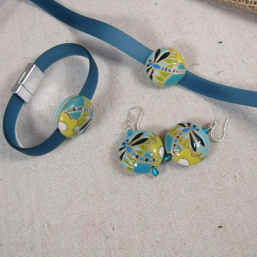 Turquoise Ribbon Choker Bracelet & Earrings Dragan Fly Design - VP's Jewelry
