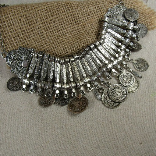 Alluring Silver Bib Necklace with Coin Accents - VP's Jewelry