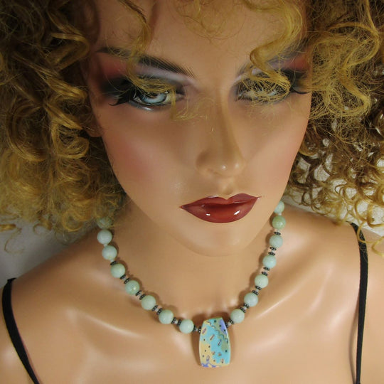 Amazonite & Handmade Aqua Pendant Necklace - VP's Jewelry