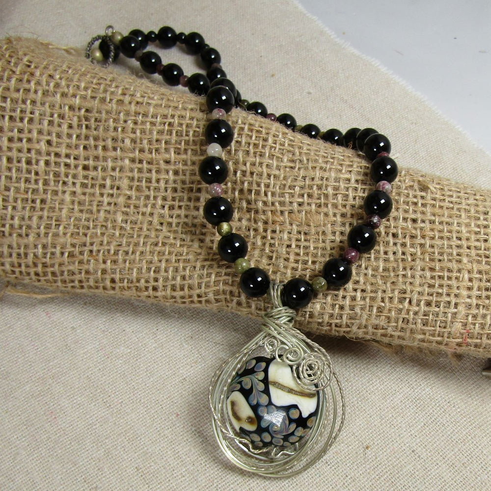 Onyx Necklace with Wire Wrapped Black and Ivory Lampwork Pendant - VP's Jewelry