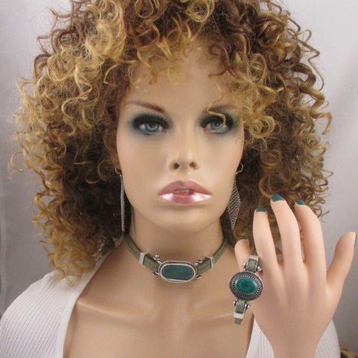 Lt. Green Leather Choker & Bracelet & Silver Earrings Designer Set - VP's Jewelry