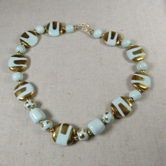 Kazuri Necklace Handmade Aqua & Gold Beads