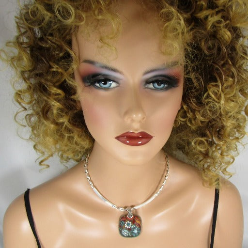 Handmade Brown & Turquoise Ceramic Pendant on Silver Neck Wire - VP's Jewelry