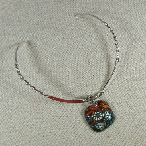Handmade Brown & Turquoise Ceramic Pendant on Silver Neck Wire - VP's Jewelry
