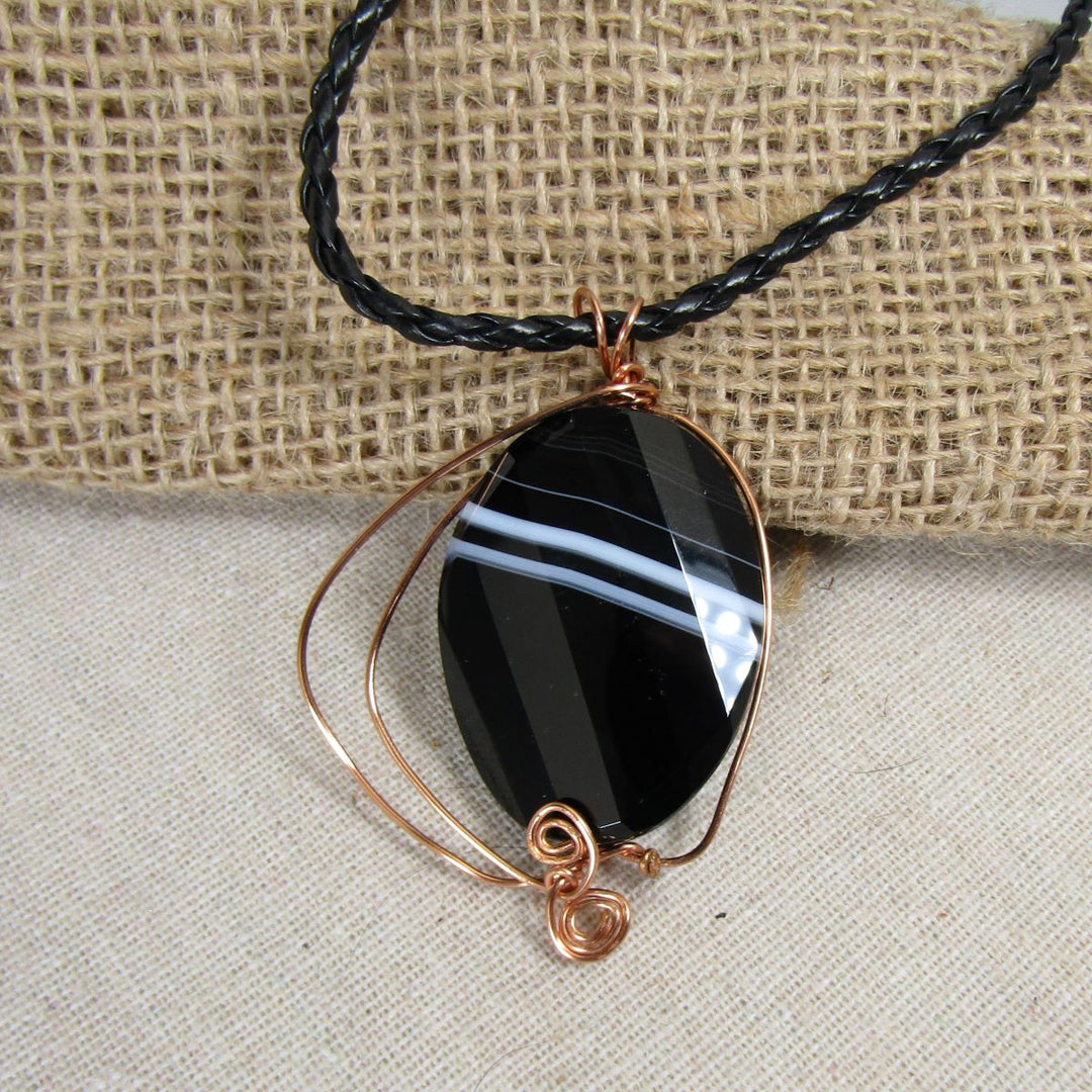 Black Banded Agate Copper Wire Wrap on Leatherette Necklace - VP's Jewelry