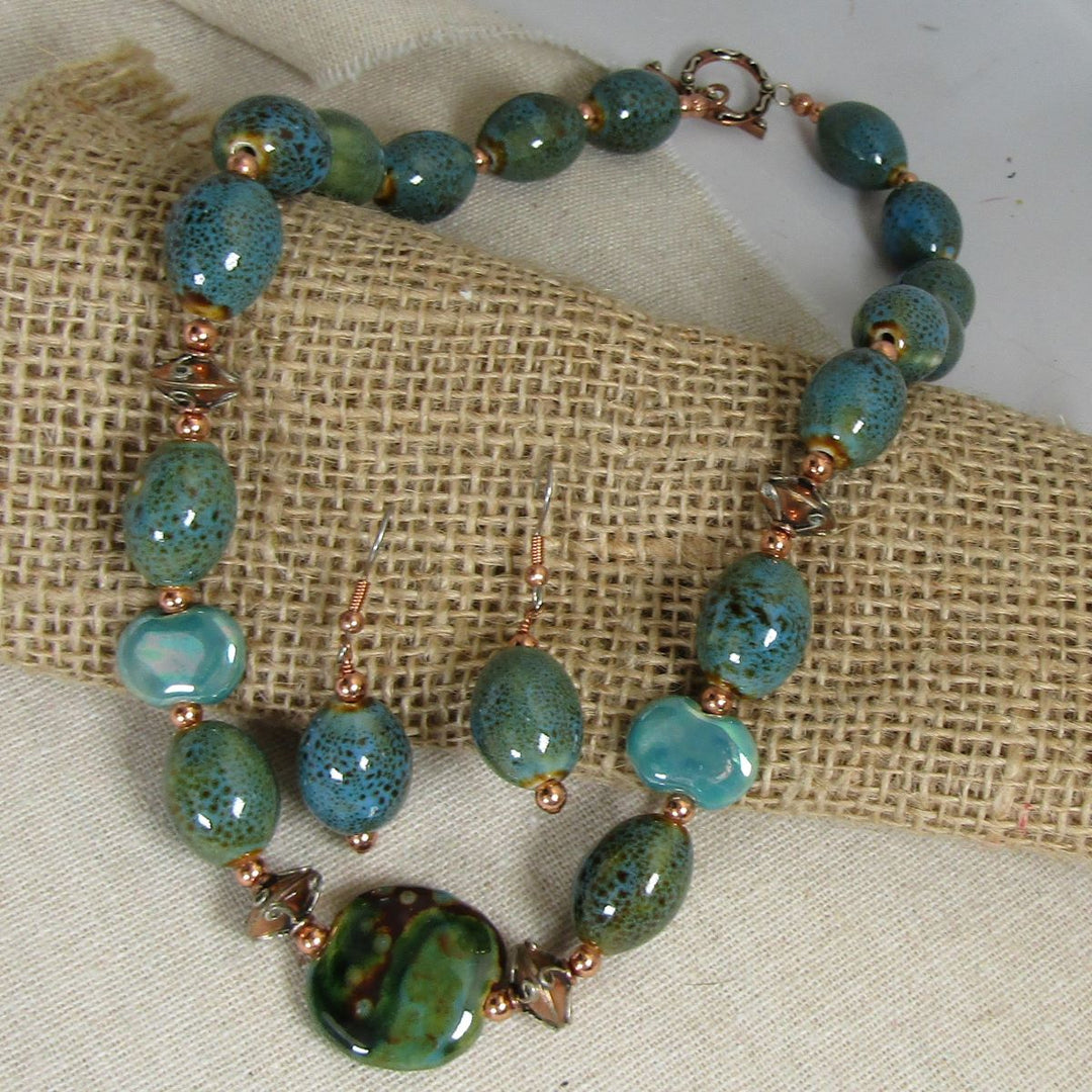 Turquoise Copper and African Kazuri Necklace & Earrings