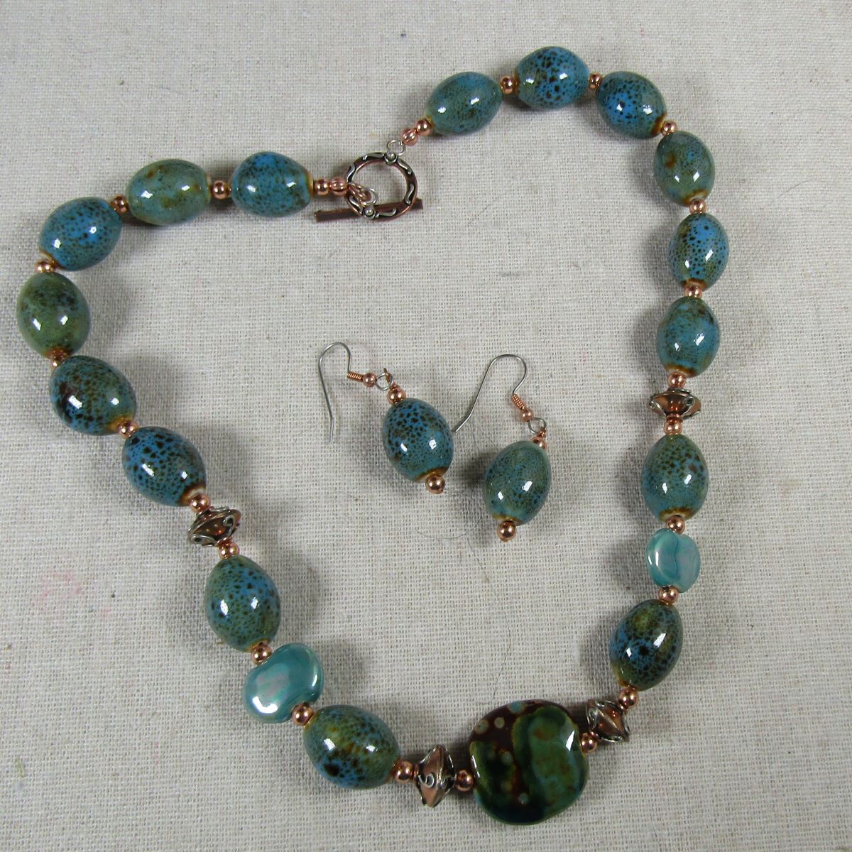 Turquoise Copper and African Kazuri Necklace & Earrings