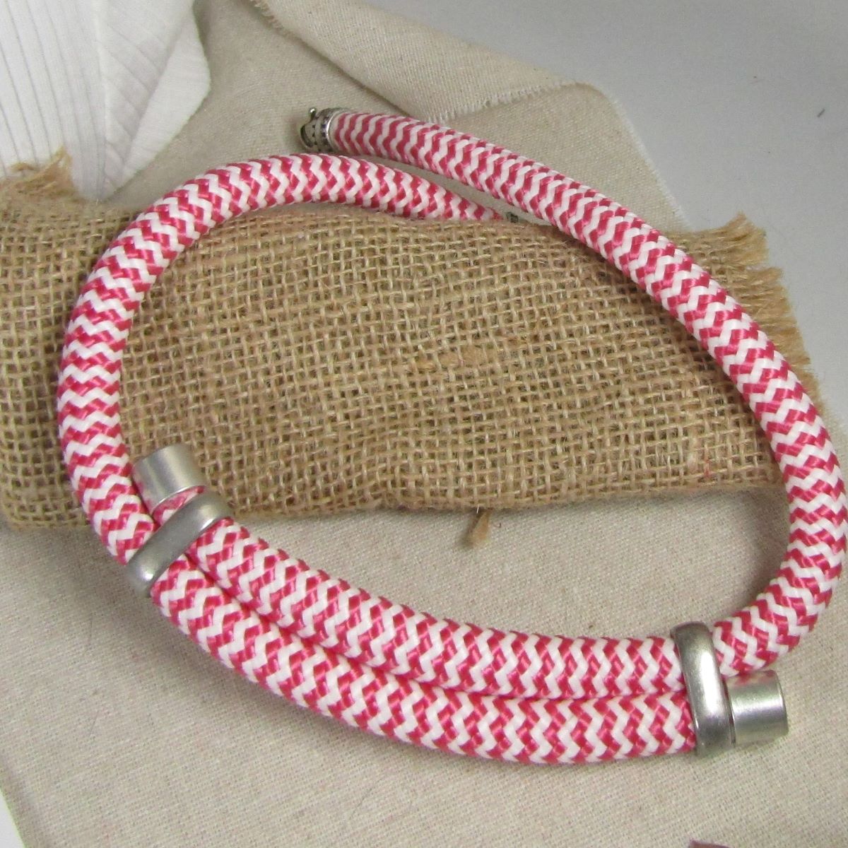 Pink Candy Striped Cotton Rope Cord Necklace Uniquely Different Style - VP's Jewelry