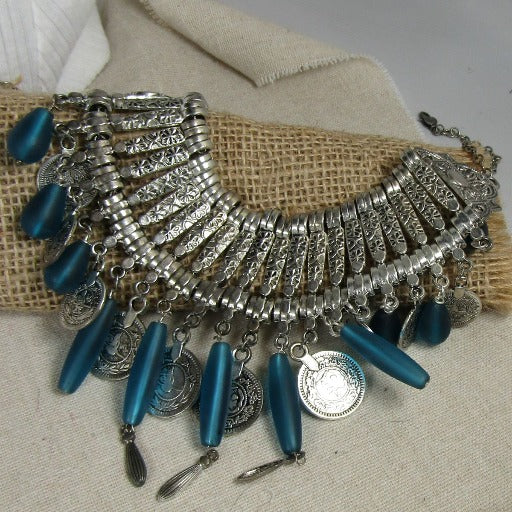 Big Bold Silver Bib Necklace with Sea Glass & Coin Accents - VP's Jewelry
