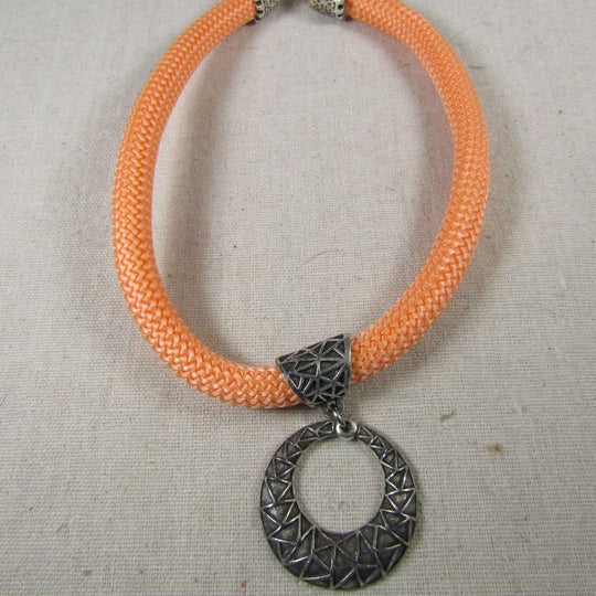 Peach Cotton Climbing  Cord  Necklace with Antique Silver Pendant