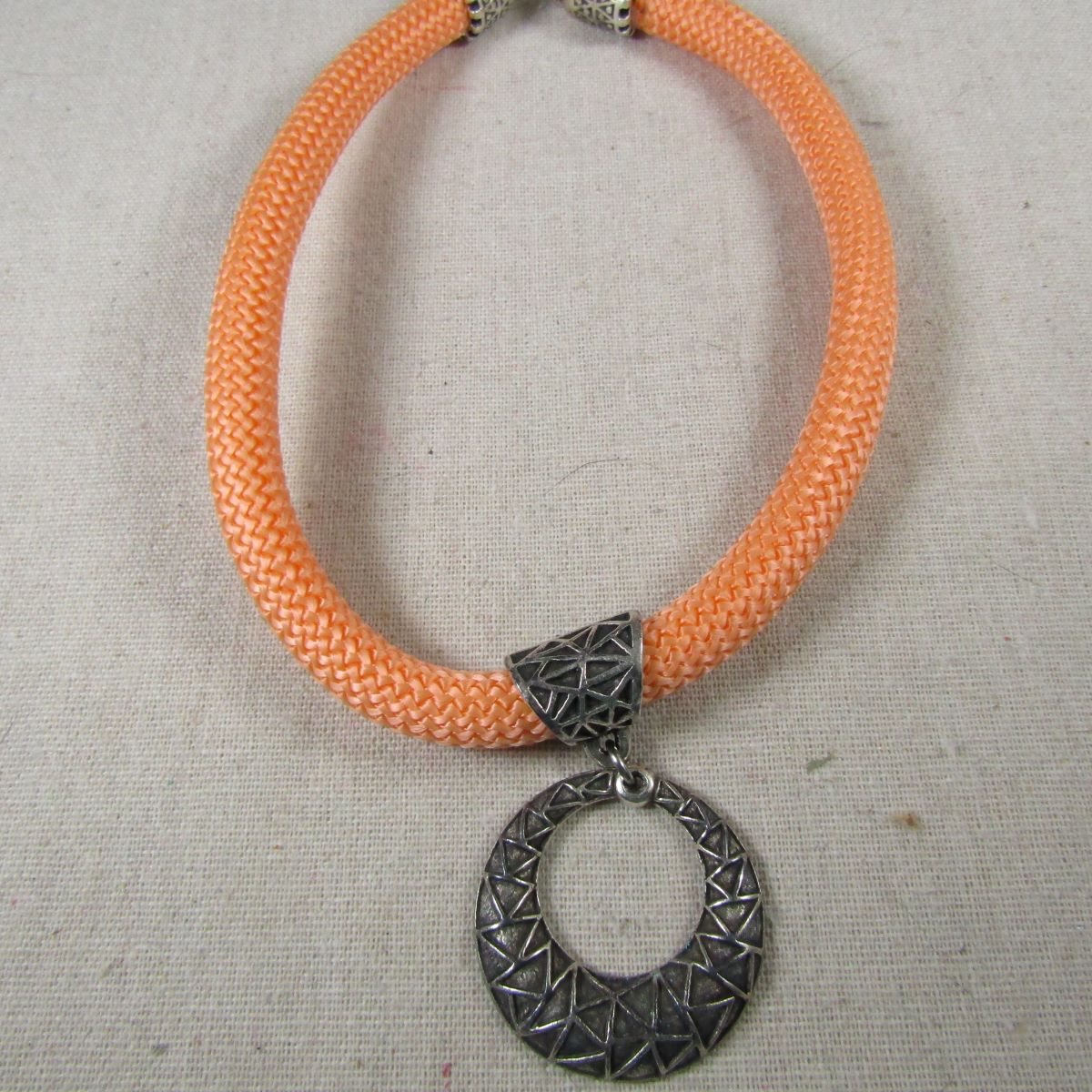 Peach Cotton Climbing  Cord  Necklace with Antique Silver Pendant