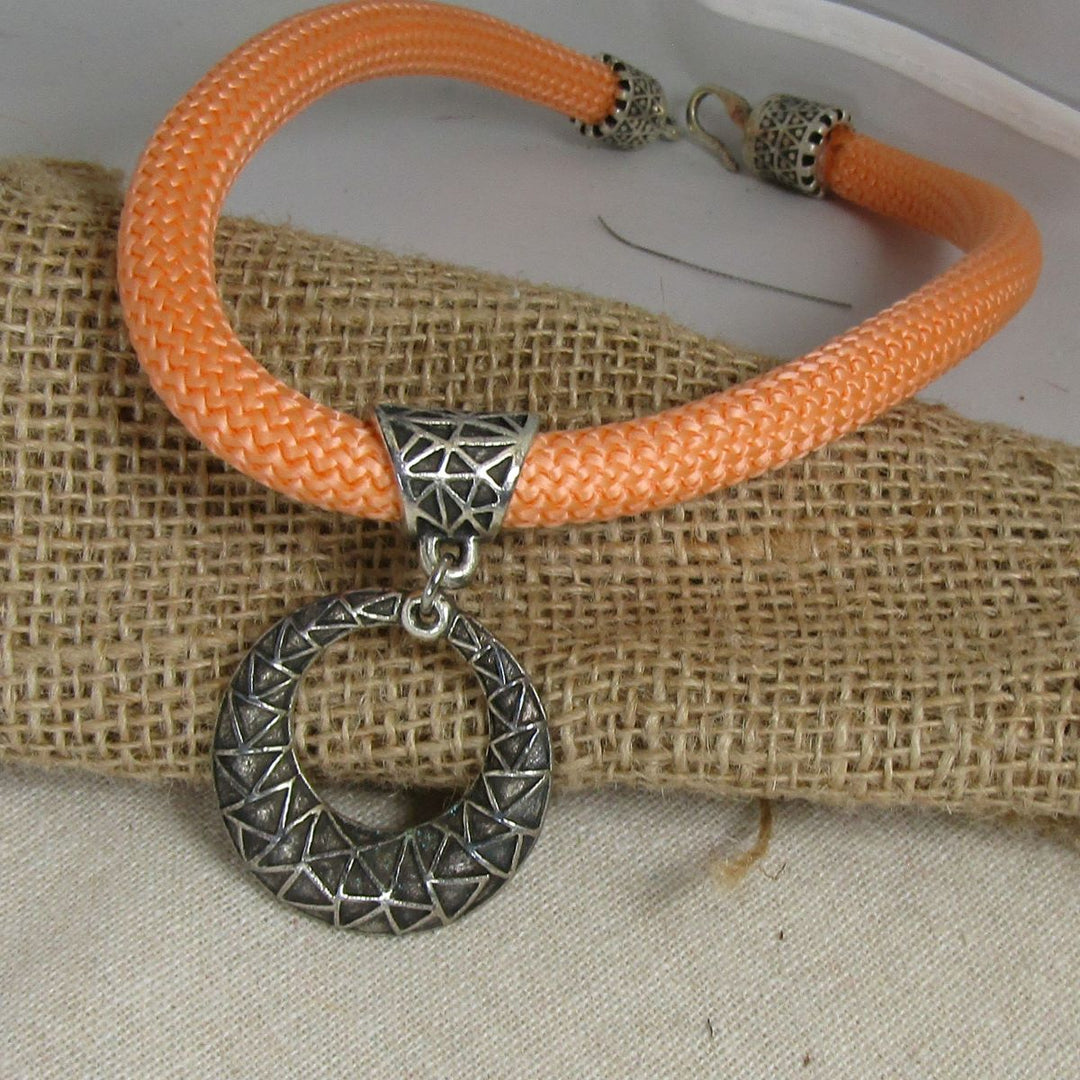 Peach Cotton Climbing Cord Necklace with Antique Silver Pendant - VP's Jewelry