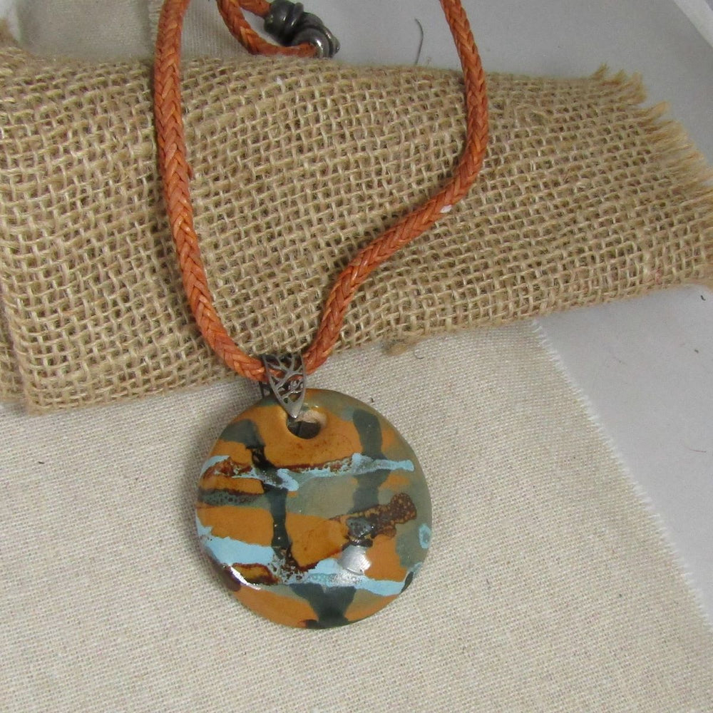 Handmade Mustard Colored Kazuri Pendant on Leather Necklace - VP's Jewelry