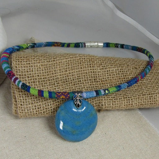 Handmade Blue and Green Kazuri Pendant Cotton Cord Necklace - VP's Jewelry