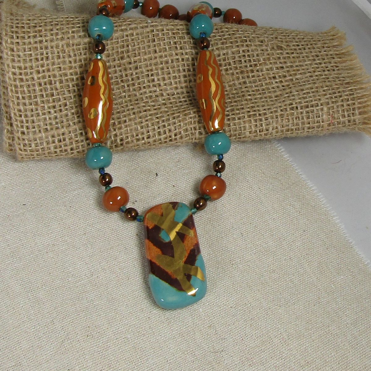 Kazuri Pendant Necklace in Peacock and Gold African Fair Trade Beads - VP's Jewelry