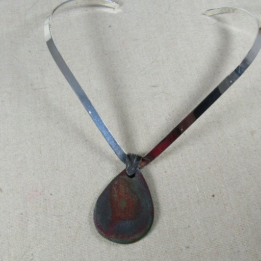Silver Choker with Handmade Blue Teardrop Raku Pendant - VP's Jewelry