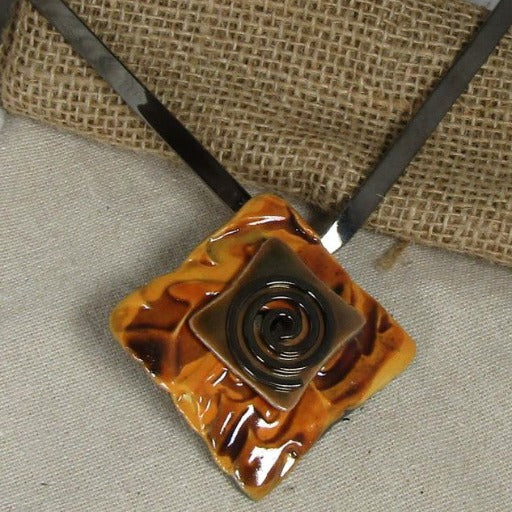 Gunmetal Choker with Handmade Orange Wash Raku Glazed Pendant - VP's Jewelry