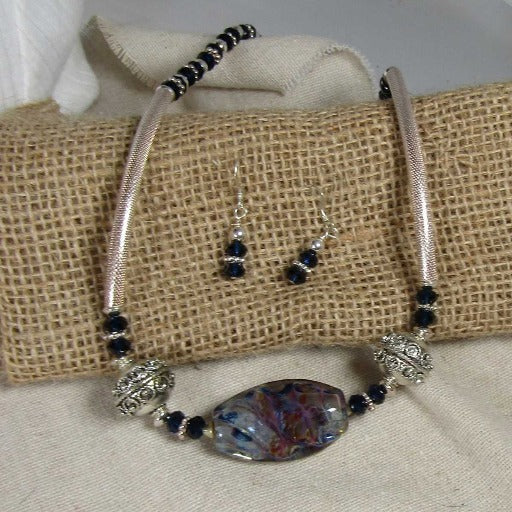 Indigo and Magenta Artisan Bead & Silver Noodle Necklace & Earrings - VP's Jewelry  