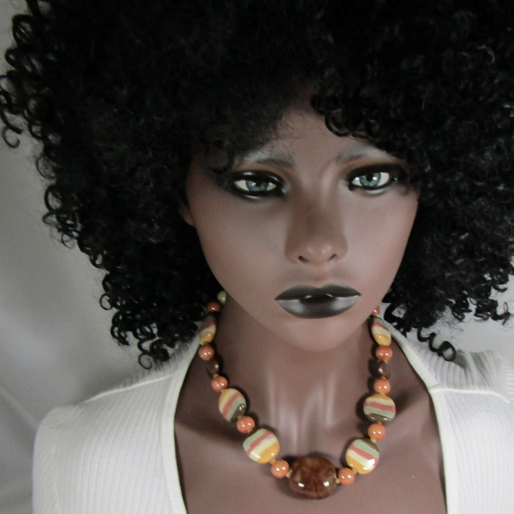 Cream Melon and Brown African Kazuri Necklace - VP's Jewelry 
