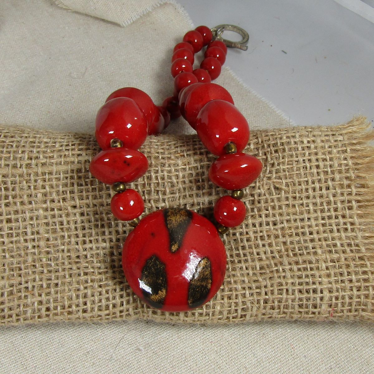 Bold Bright Red Beaded Pendant Necklace Fair Trade Kazuri Bead - VP's Jewelry
