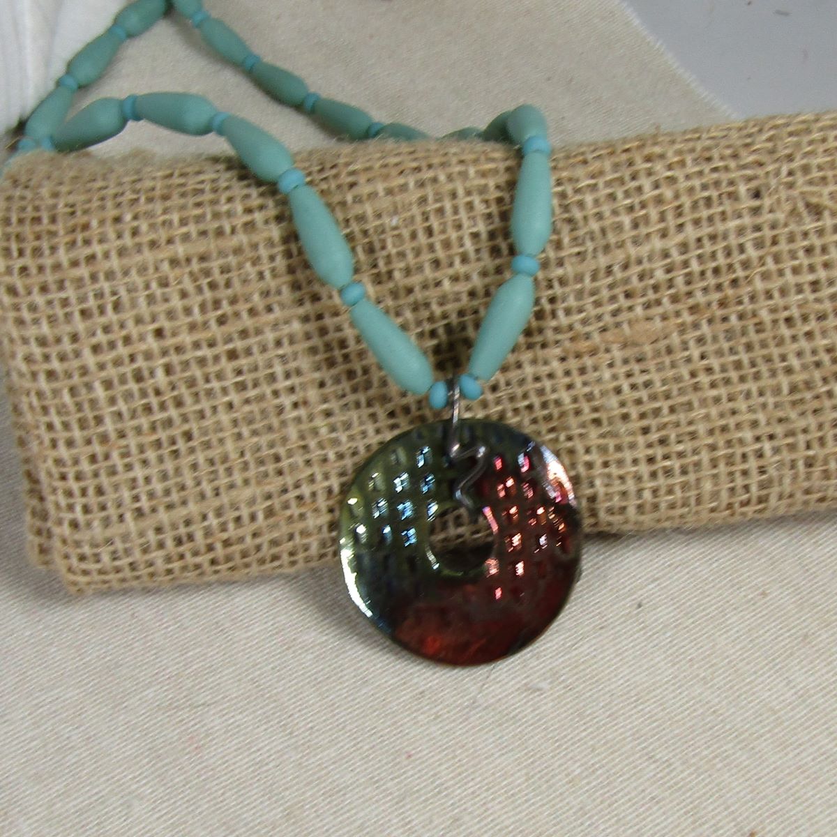 Aqua Sea Glass Bead Necklace with Handmade Urban Raku Pendant - VP's Jewelry