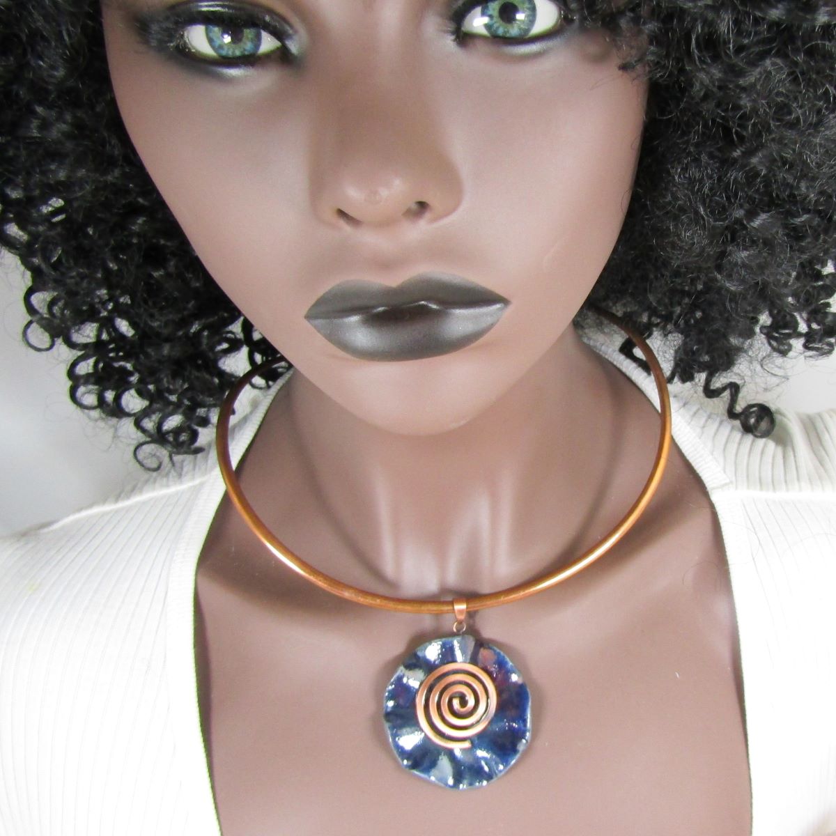 Choker with Handmade Indigo Blue Raku Pendant Copper Neck Ring - VP's Jewelry