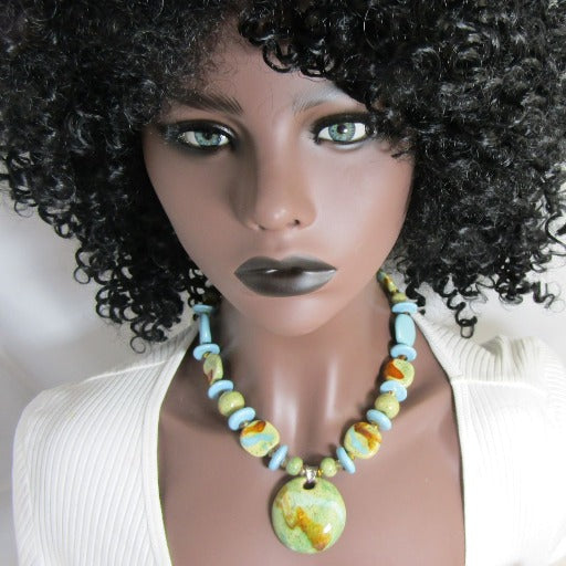 Handmade Green Fair Trade Kazuri Necklace Turquoise & Green Beads - VP's Jewelry