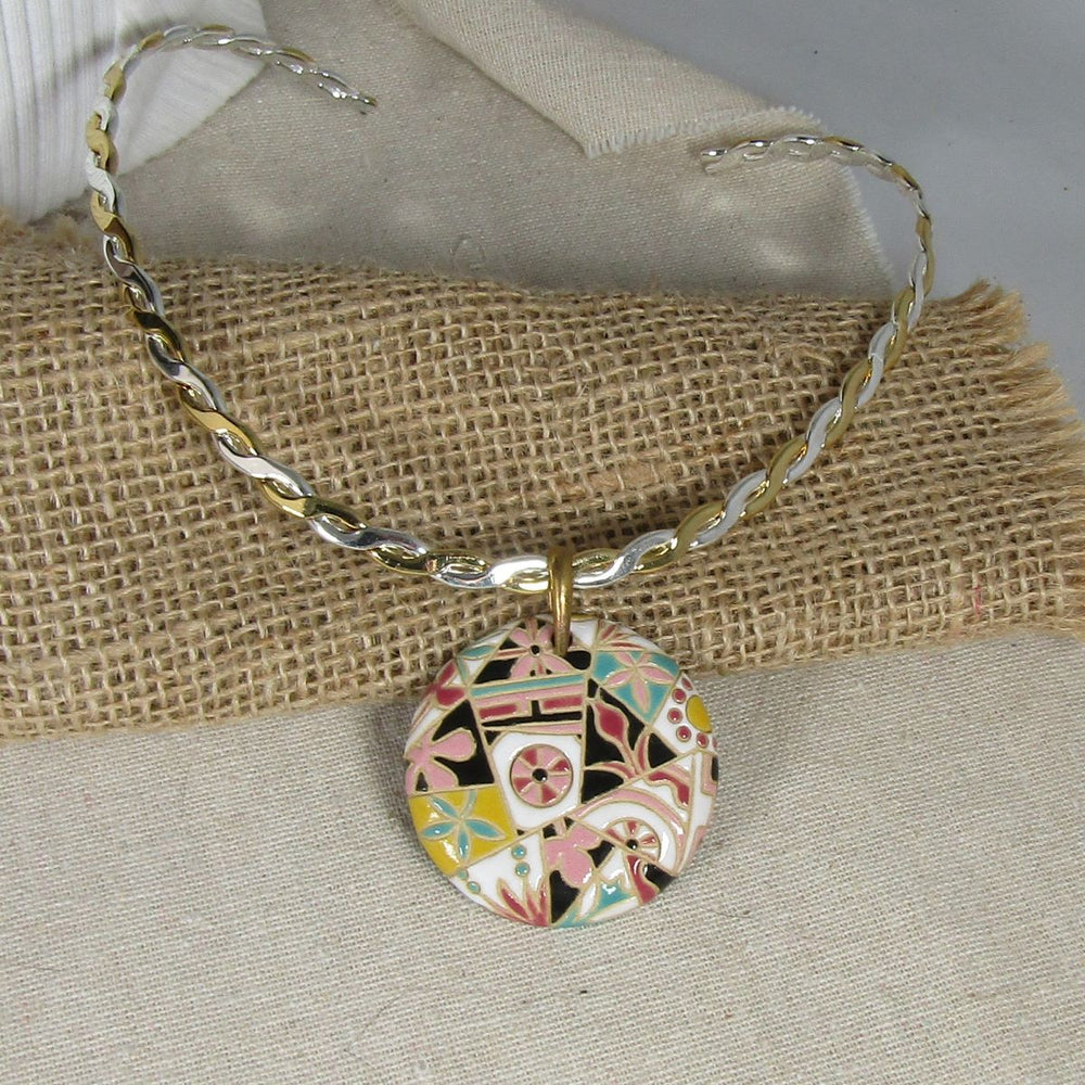 Handmade Mult-colored Large Pendant on Twisted Gold & Silver Neck Wire - VP's Jewelry