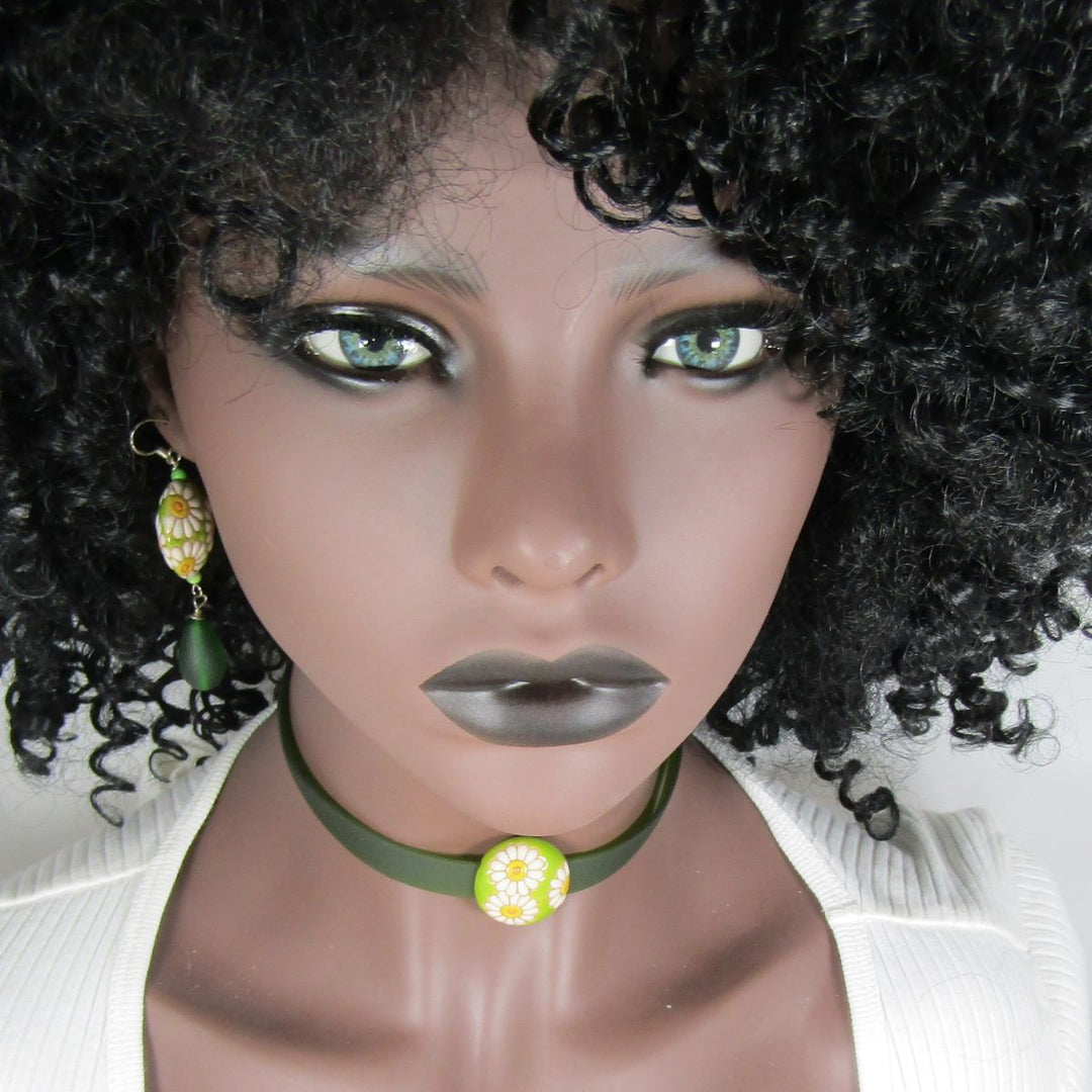 Green Ribbon Choker Bracelet Sun Flower Earrings Handmade Ultra-light  - VP's Jewelry
