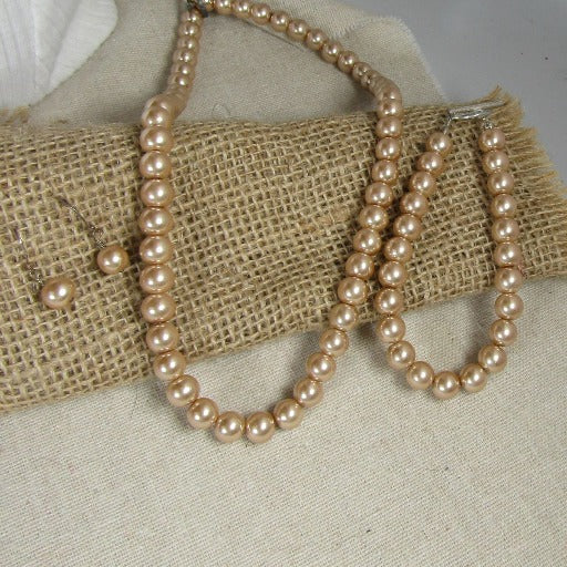 Creamy Beige  Pearl Necklace, Earrings and Bracelet