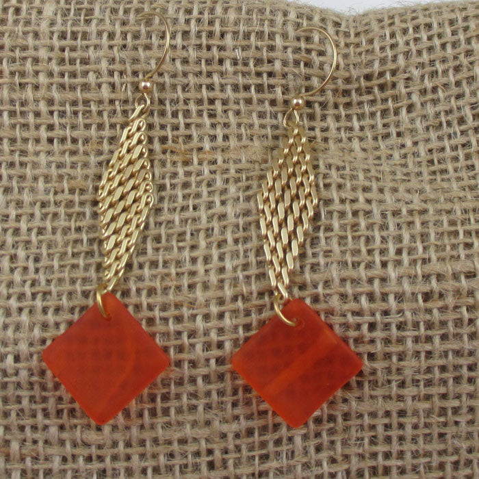 Orange Sea glass & Gold Mesh Dangle Earrings