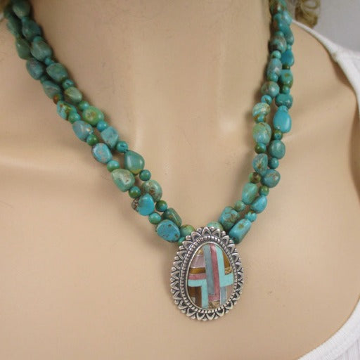 Double Strand Turquoise Nugget Necklace With Multi-stone Pendant