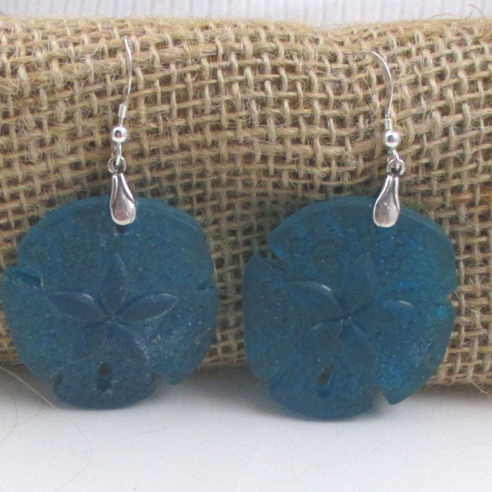 Big Turquoise Sand Dollar Sea Glass Drop Earrings - VP's Jewelry