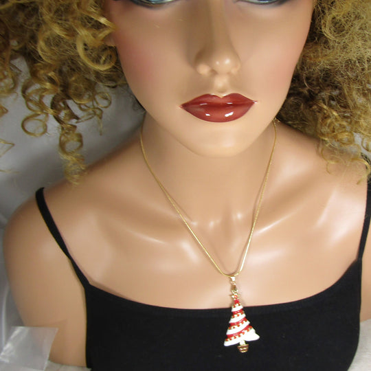 Red & White Christmas Tree Pendant Necklace - VP's Jewelry