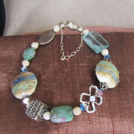 Designer Whimsical Aqua and Blue Handmade Beaded Bracelet - VP's Jewelry  
