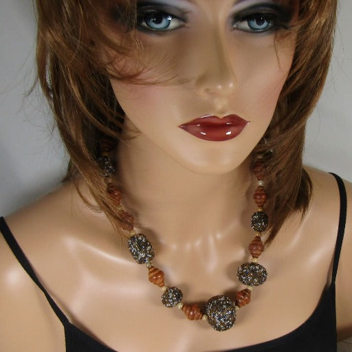 Wood and Beaded Bead Necklace Earrings and Leather Bracelet - VP's Jewelry  
