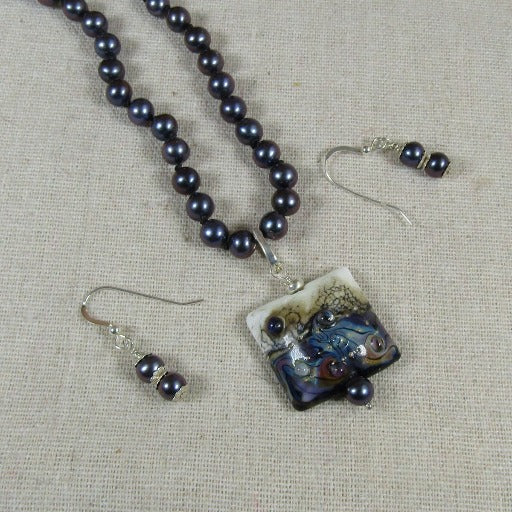 Black Pearl Necklace Handmade Pendant & Earrings