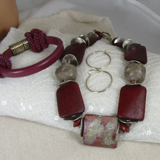 Handmade Raku, Wood and Licorice Leather Set in Maroon - VP's Jewelry