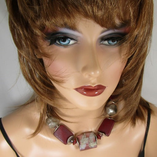 Handmade Raku, Wood and Licorice Leather Set in Maroon - VP's Jewelry