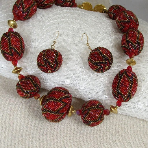Exotic & Elegant Big Red Bead Dressy Necklace and Earrings - VP's Jewelry
